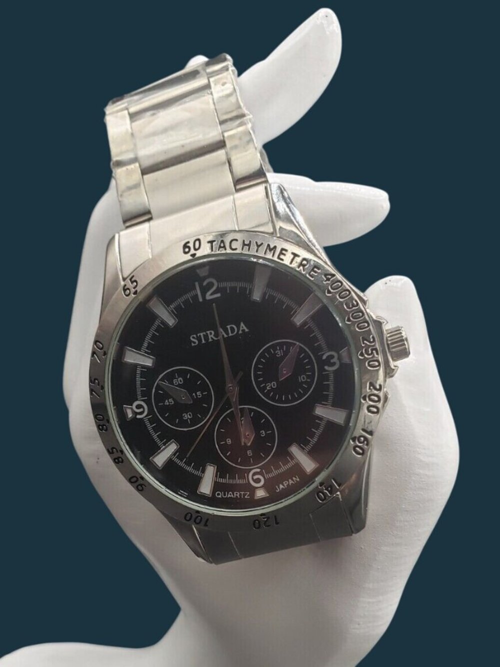 Strada Men's Quartz Watch Stainless Steel Silver Tone Black Dial Tachymetre